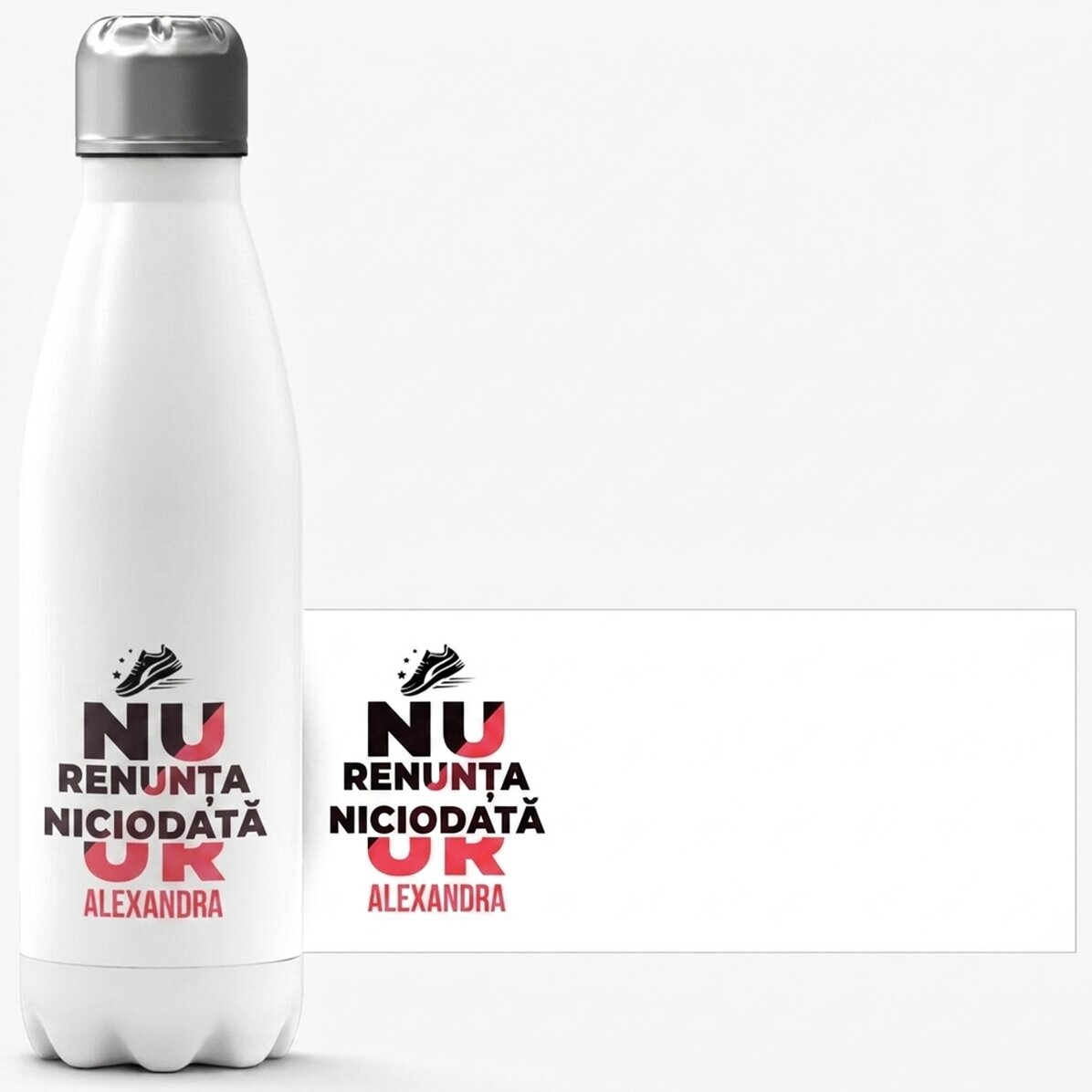 Gepersonaliseerde thermosfles met witte bodem en naam - Never give up