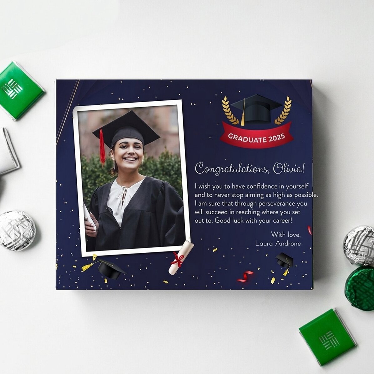 Gepersonaliseerd bonbonnière met een foto en een afstudeerboodschap