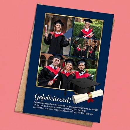 Gepersonaliseerde kaart met 4 foto’s en tekst ter gelegenheid van het afstuderen