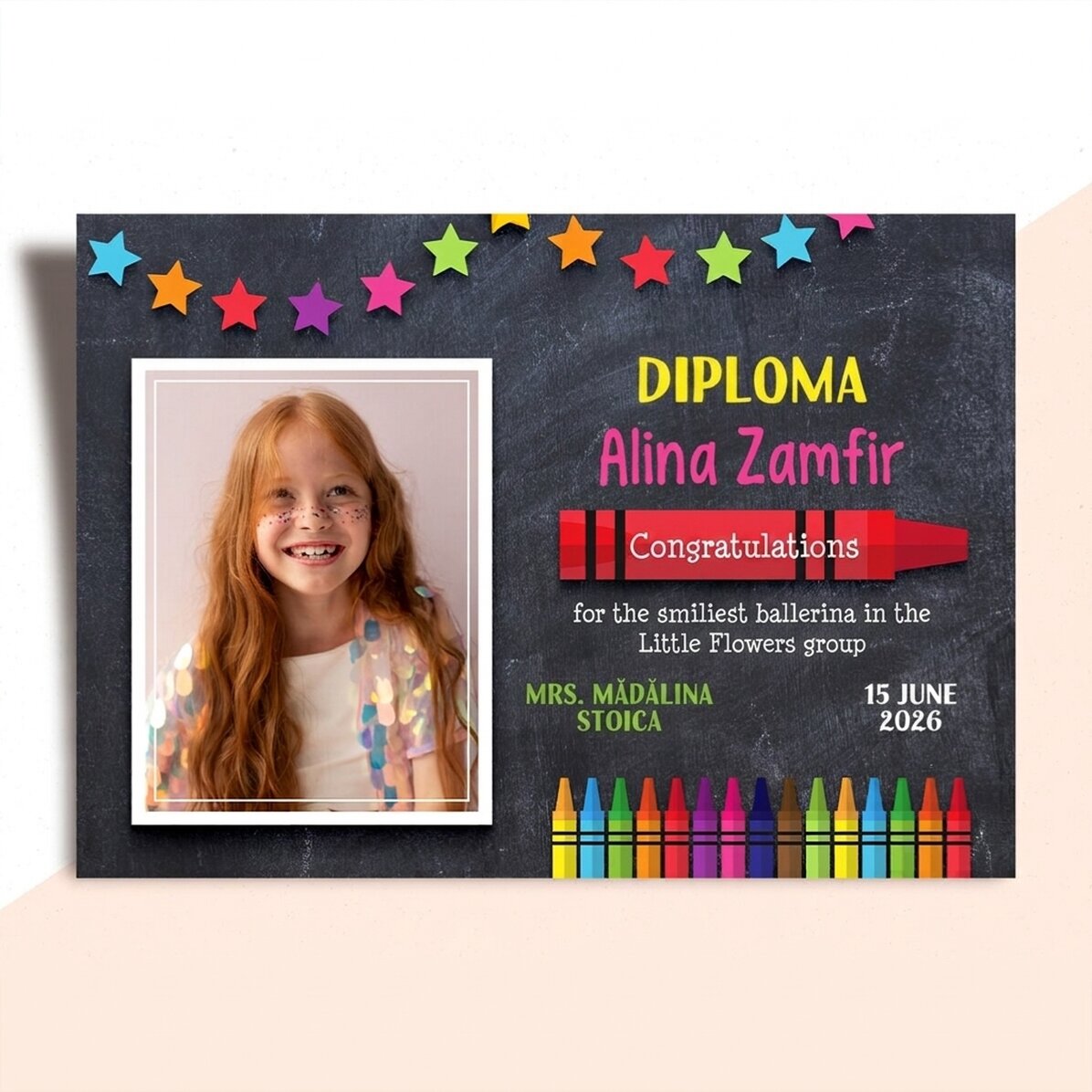 Gepersonaliseerd diploma met tekst en foto voor de kleintjes