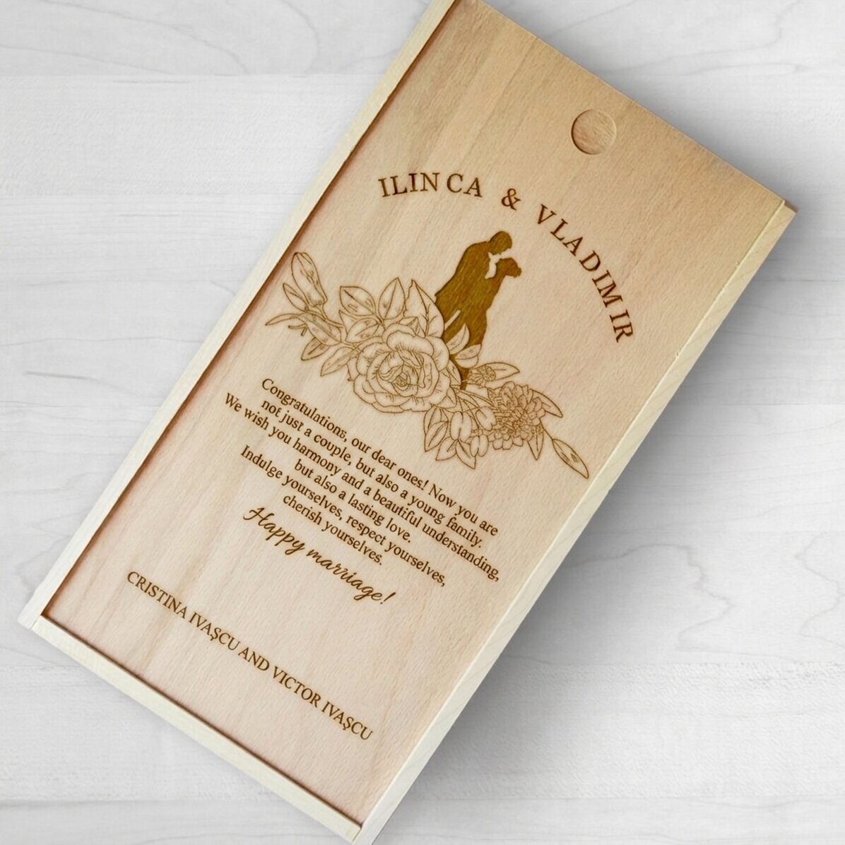Gepersonaliseerde houten geschenkdoos met boodschap - Huwelijkscadeau