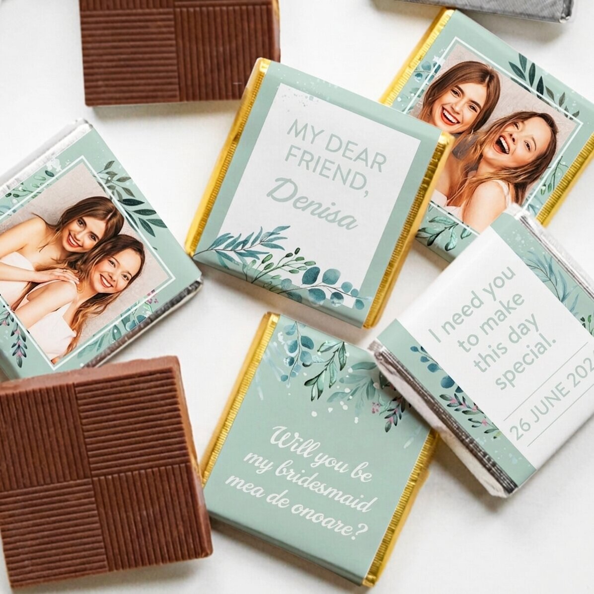 Set van 5 gepersonaliseerde minichocolade met foto’s en tekst voor bruidsmeisjes