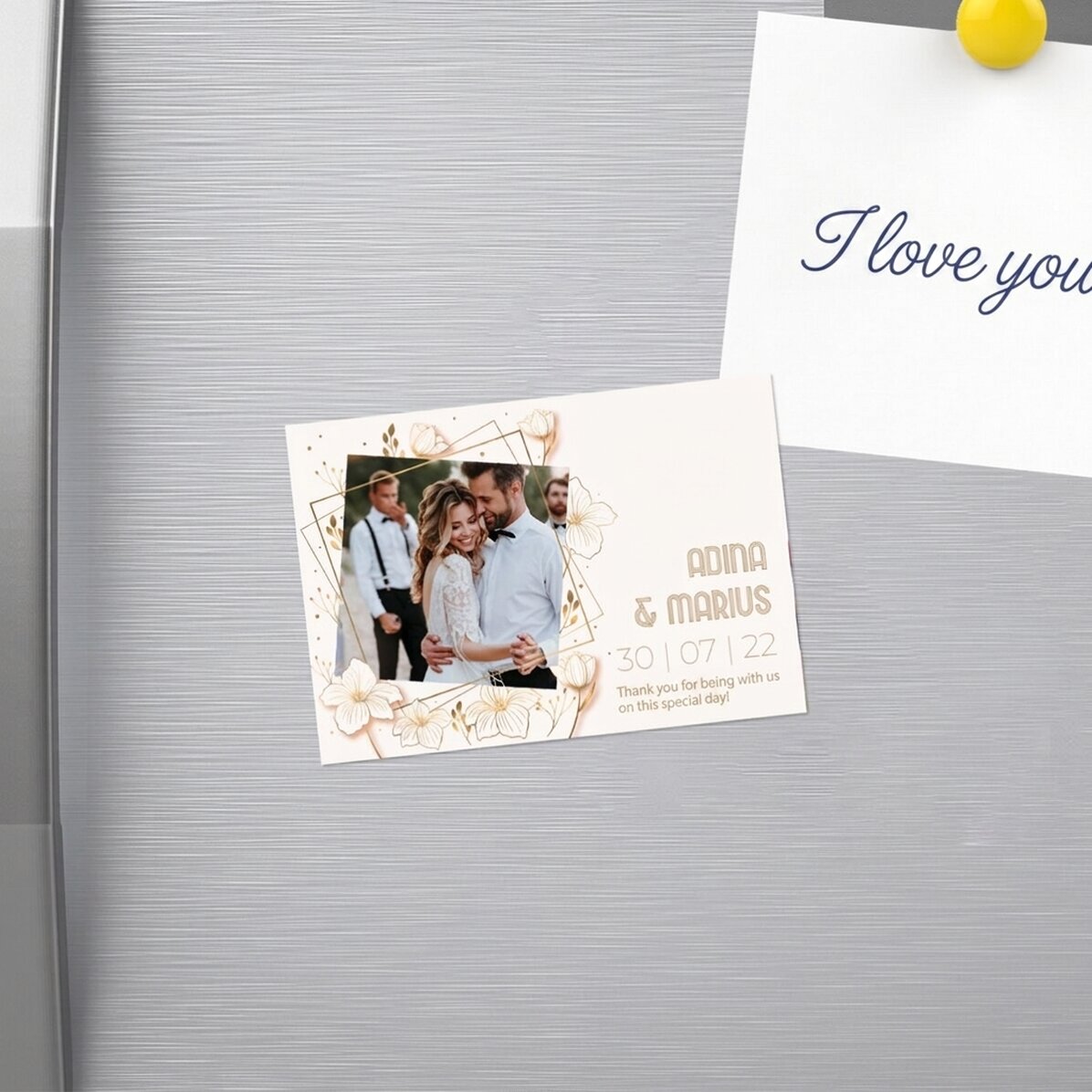 Gepersonaliseerde magneet van 10 x 7 cm met een foto en tekst – Huwelijksbedankje