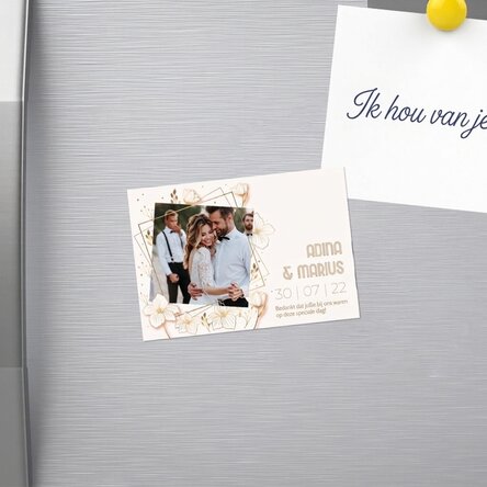Gepersonaliseerde magneet van 10 x 7 cm met een foto en tekst – Huwelijksbedankje