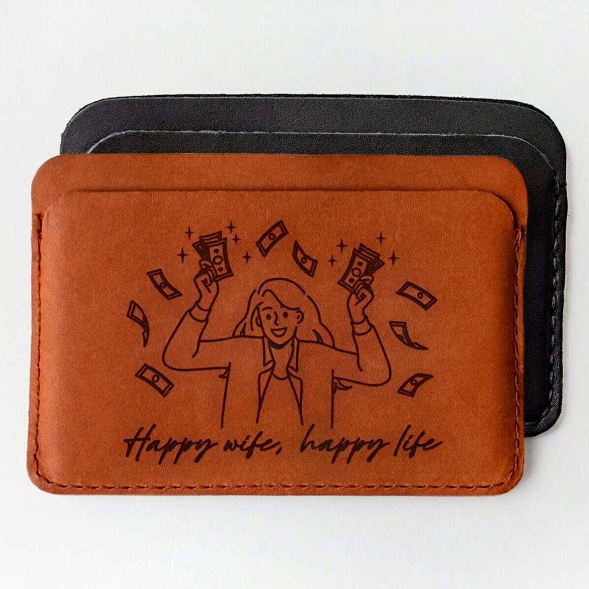Gepersonaliseerde leren portemonnee met tekst - Happy wife, Happy life