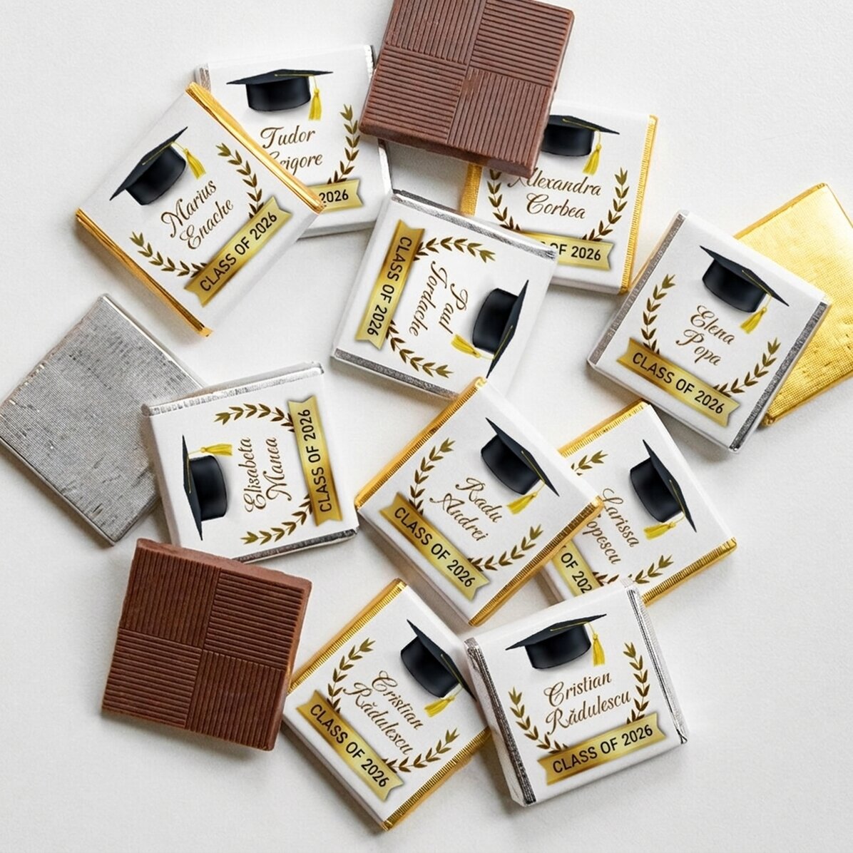 Set van 10 gepersonaliseerde minichocolade met tekst voor afgestudeerden