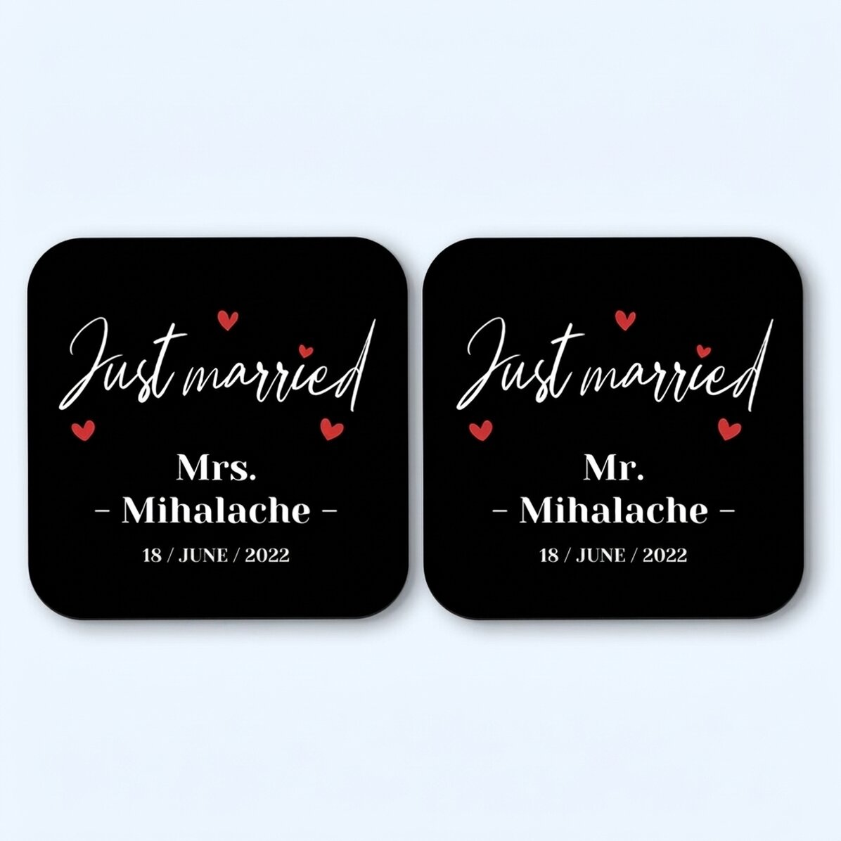Set van 2 gepersonaliseerde glasonderzetters met tekst - Just Married