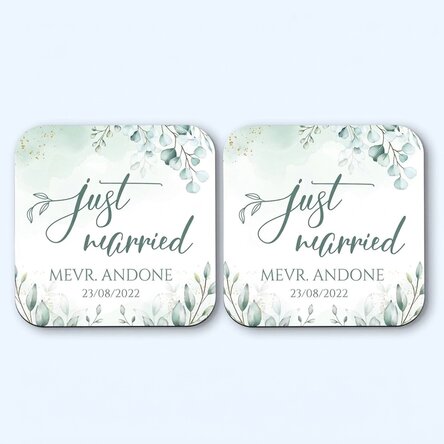 Set van 2 gepersonaliseerde glasonderzetters met tekst - Just Married Elegance