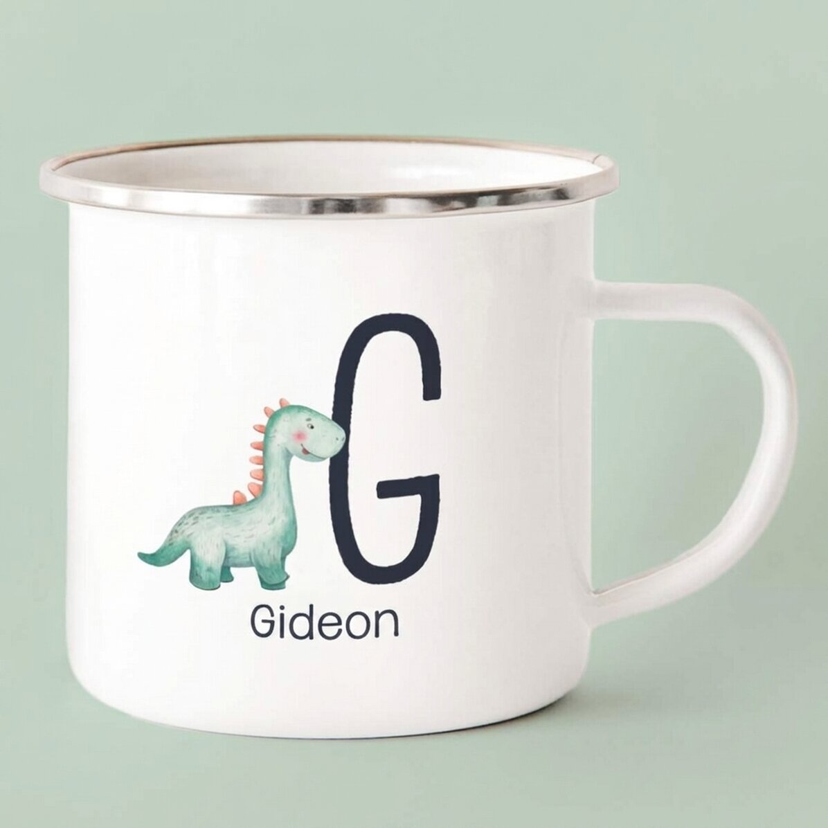 Geëmailleerde metalen beker met naam en initiaal voor kinderen - Dinosaurus