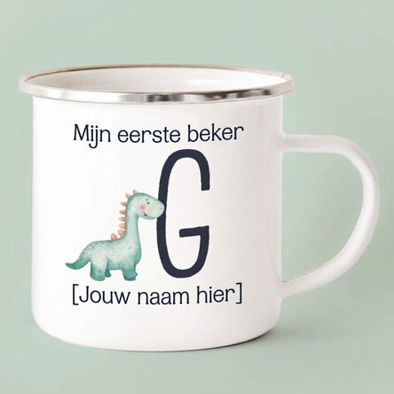 Geëmailleerde metalen mok met naam en initiaal voor kinderen - Dinosaurus