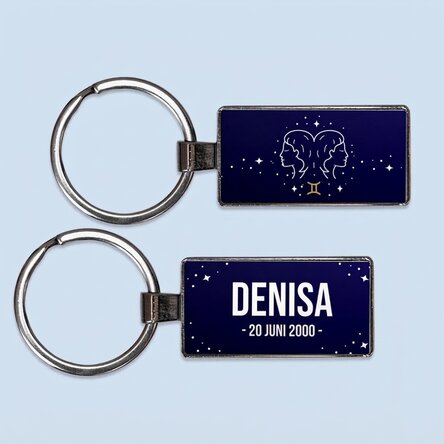 Gepersonaliseerde sleutelhanger met tekst en sterrenbeeld - Tweelingen