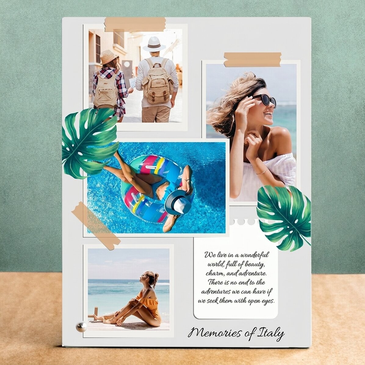 Gepersonaliseerde fotolijst voor op het bureau met 4 foto’s en tekst - Vakantieherinneringen