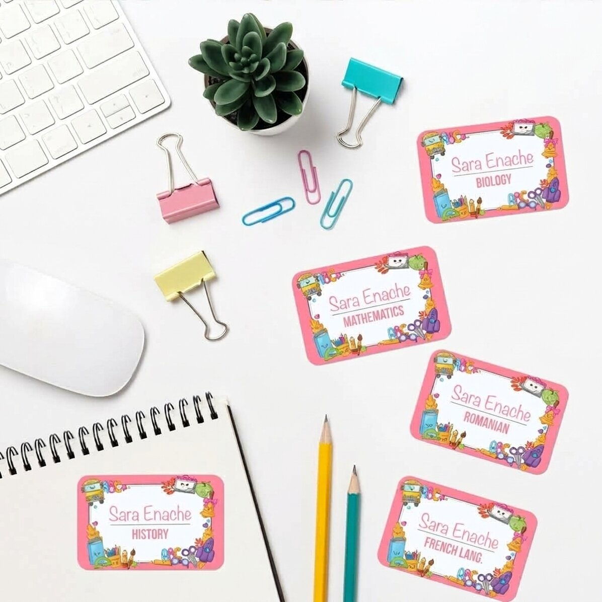 Set van 8 gepersonaliseerde stickers (zelfklevende etiketten) voor school met de tekst 