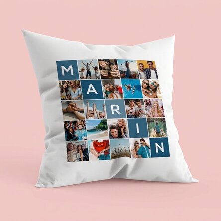 Gepersonaliseerd kussen met 20 foto’s en een naam van 5 letters