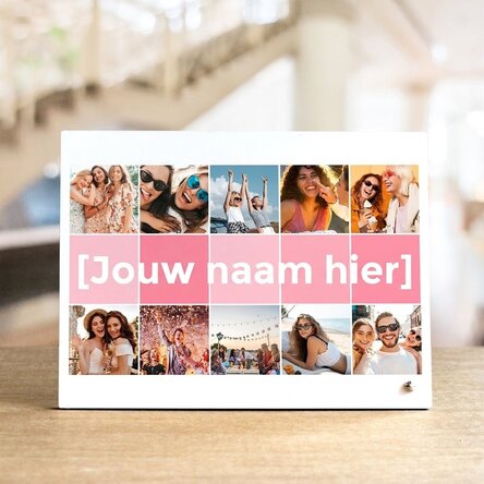 Gepersonaliseerde fotolijst voor op het bureau met 10 foto’s en een naam van 5 letters