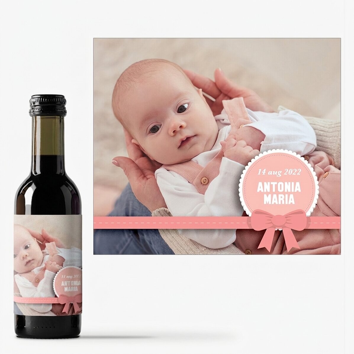 Mini-wijnflesje, gepersonaliseerd met een foto en tekst – Doopcadeau voor een meisje