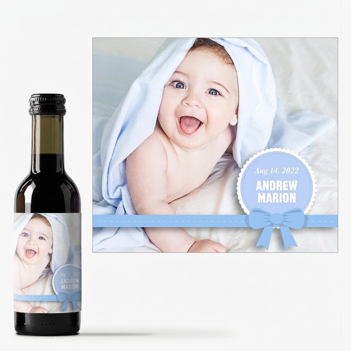 Mini-wijnflesje, gepersonaliseerd met een foto en tekst – Doopgeschenk voor een jongetje