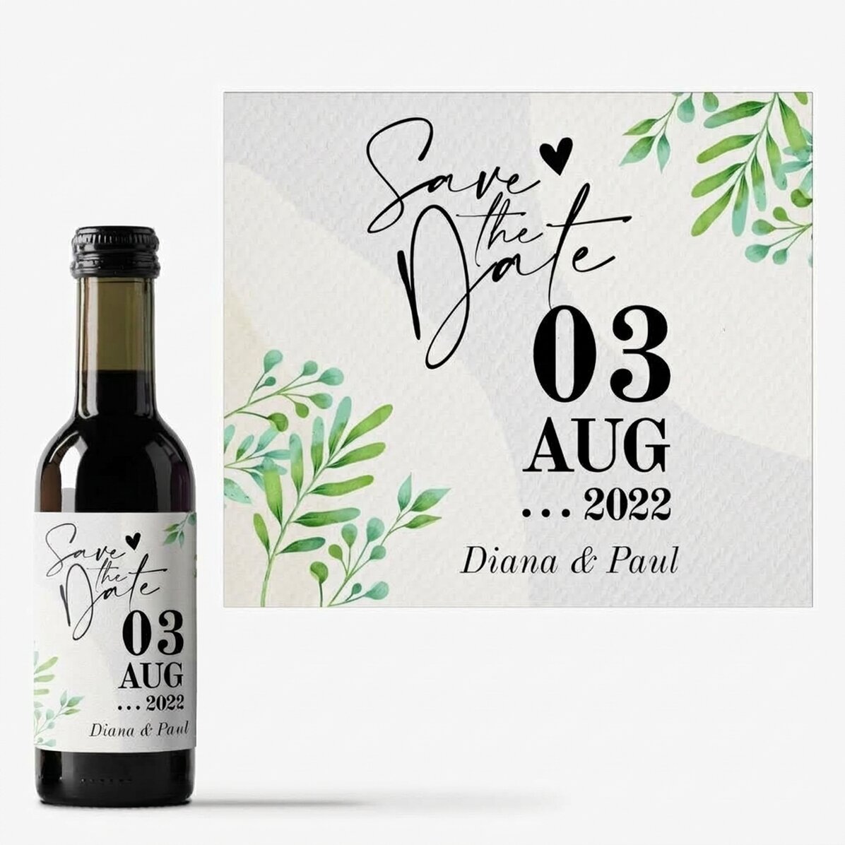 Gepersonaliseerd mini-wijnflesje met tekst - Save the date