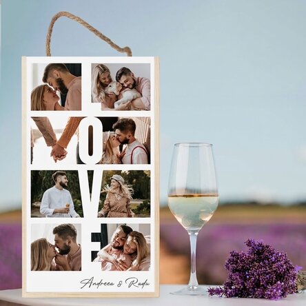 Wijnkist voor 2 flessen, gepersonaliseerd met 8 foto's en een boodschap - LOVE