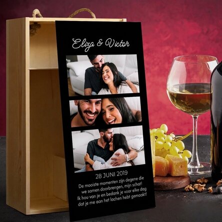 Wijnkist voor 2 flessen, gepersonaliseerd met 3 foto’s en een boodschap voor je dierbaren