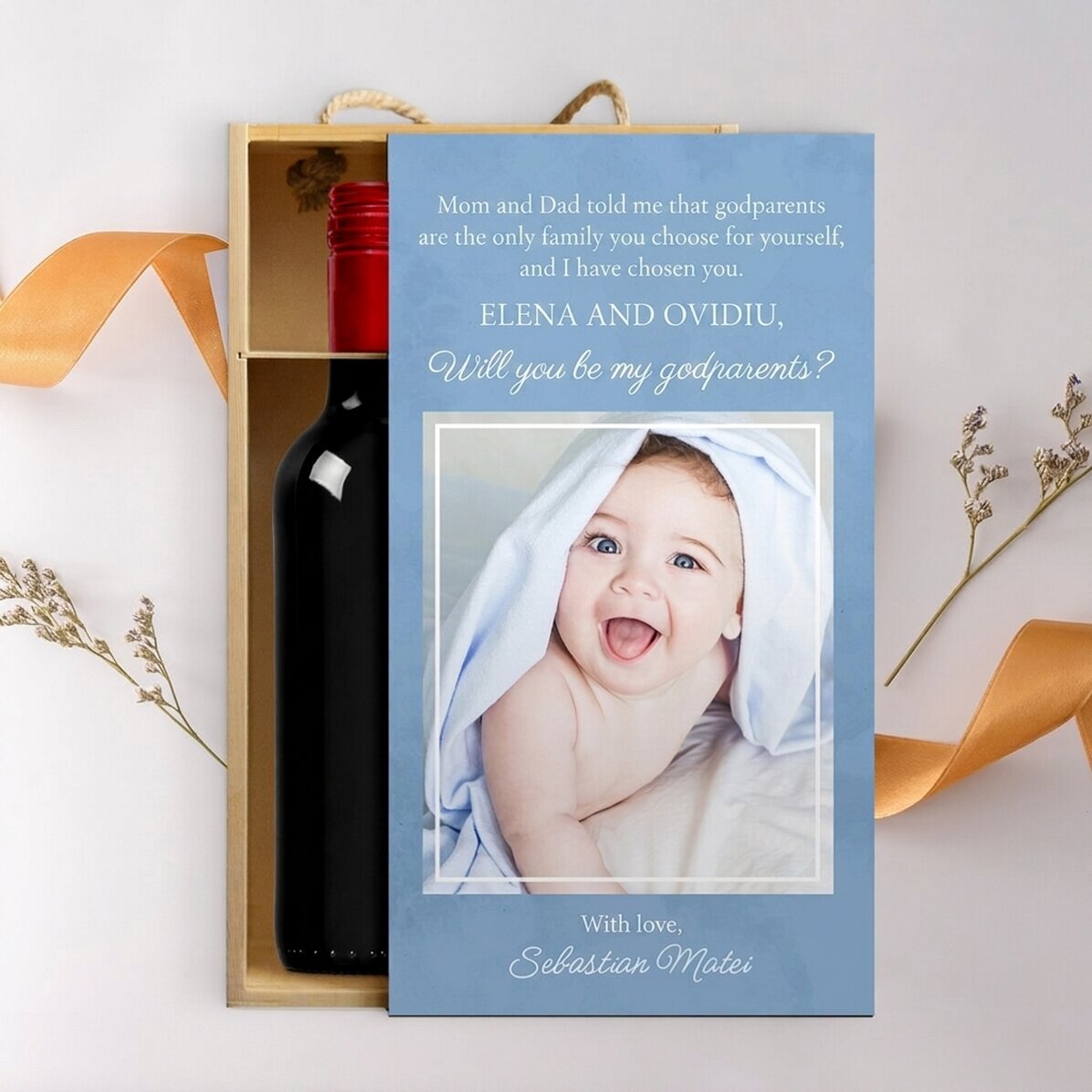 Wijnkist voor 2 flessen, gepersonaliseerd met een foto en een boodschap - Met liefde