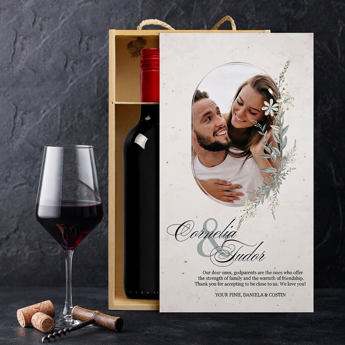 Wijnkist voor 2 flessen, gepersonaliseerd met een foto en een boodschap voor de peetouders