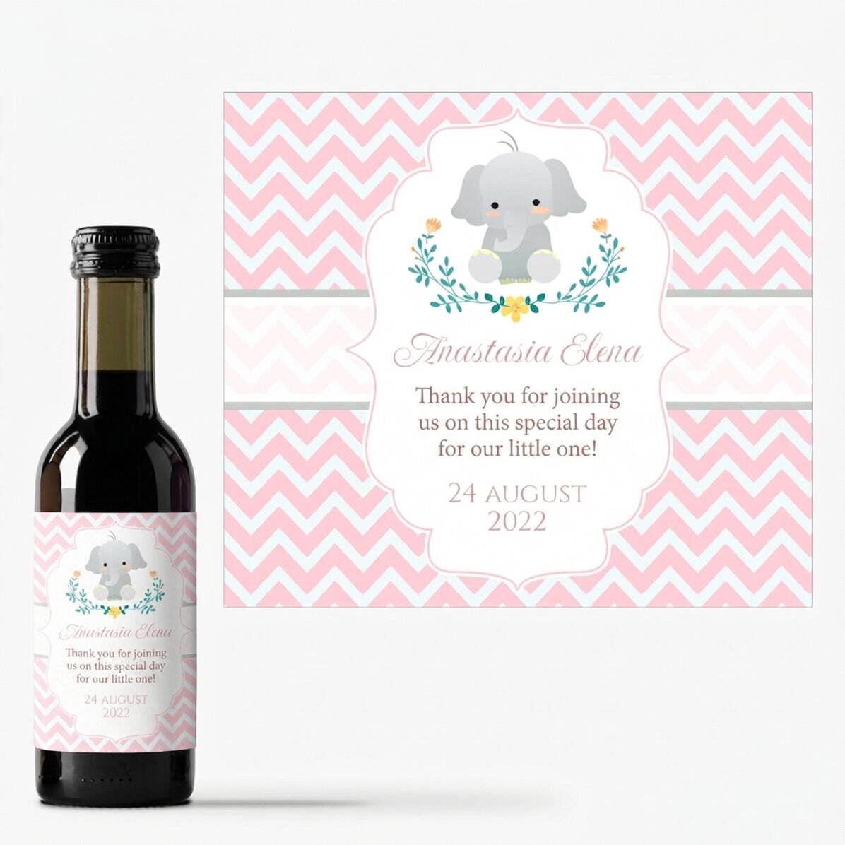 Mini-flesje wijn, gepersonaliseerd doopgeschenk met tekst - Olifant