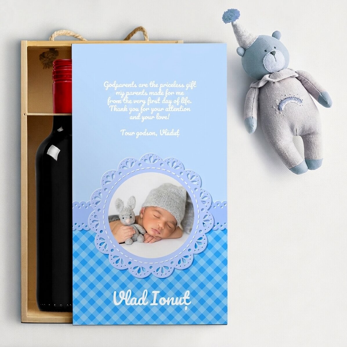 Wijnkist voor 2 flessen, gepersonaliseerd met een tekst voor de peetouders - Jongetje