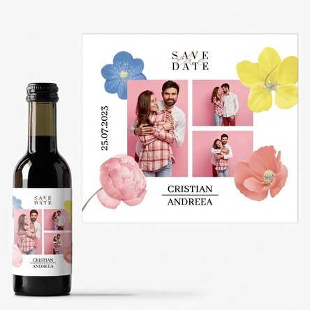 Gepersonaliseerd mini-wijnflesje met 3 foto's en tekst - Save the date