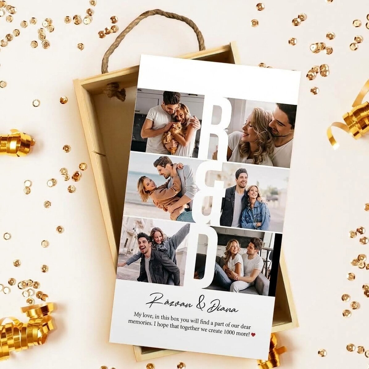 Gepersonaliseerde houten geschenkdoos met 6 foto’s en een boodschap - Dierbare herinneringen