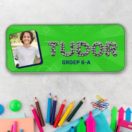 Gepersonaliseerd etui met een foto en tekst - Voetbal