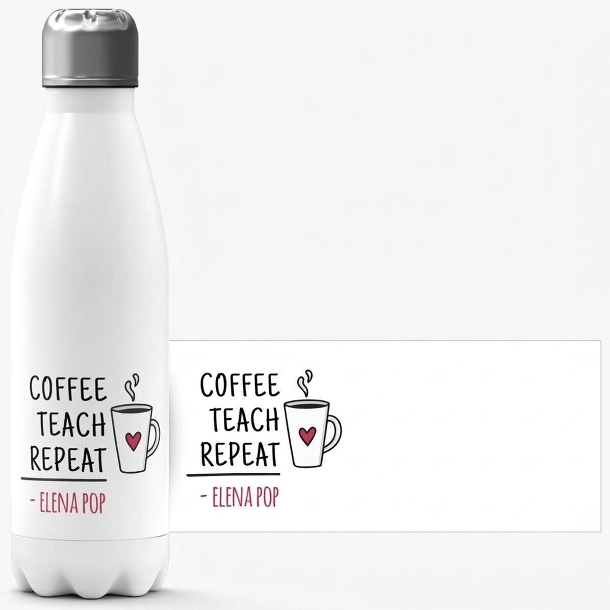 Thermosfles met witte bodem, gepersonaliseerd met naam voor leraren