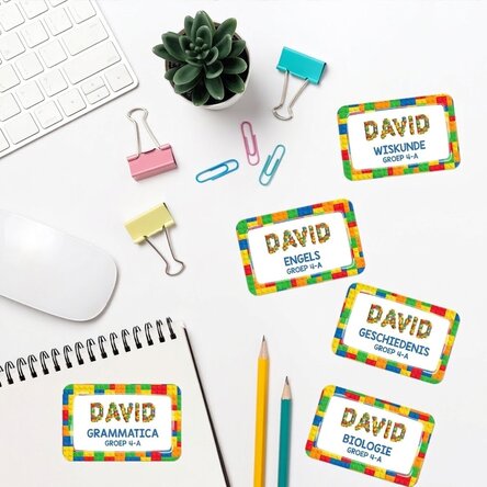 Set van 8 gepersonaliseerde stickers (zelfklevende etiketten) voor school met tekst - Lego