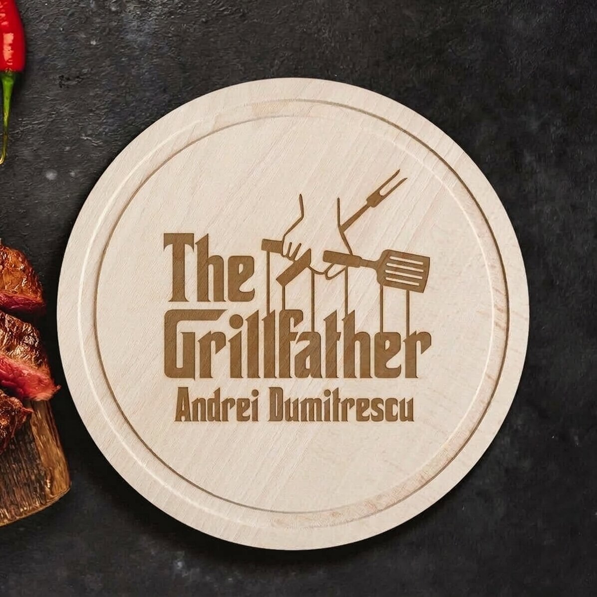 Op maat gemaakte ronde vleesmolen met tekst - The Grillfather