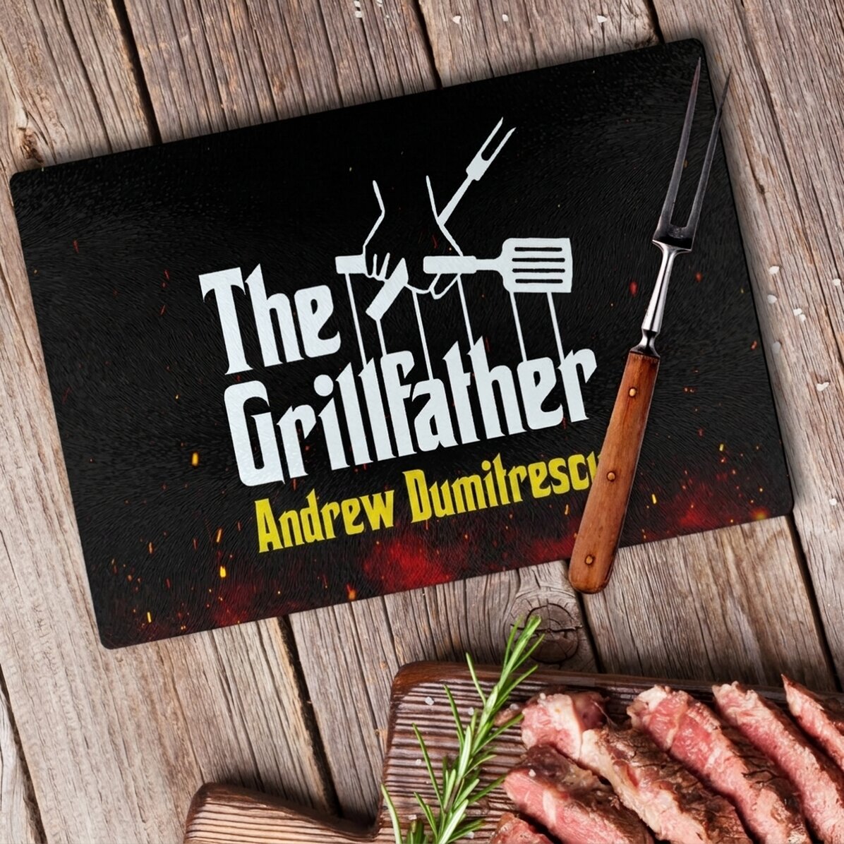 Personalised glass chopping board with text - The Grillfather