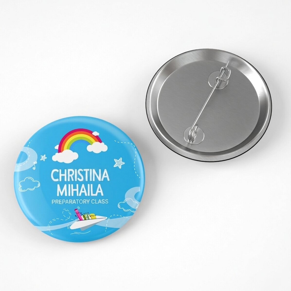 Gepersonaliseerde button met tekst voor school - Regenboogmodel