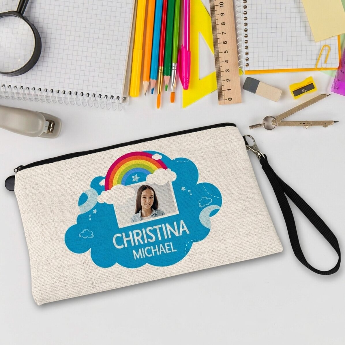 Gepersonaliseerde schoolset met foto en tekst - Regenboogmodel