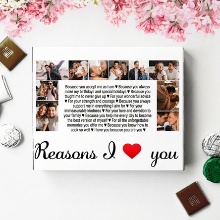 Personalised box of chocolates with 20 photos and text - Reasons I love you