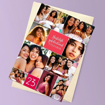 Gepersonaliseerde magnetische wenskaart met 9 foto’s en tekst voor een verjaardag