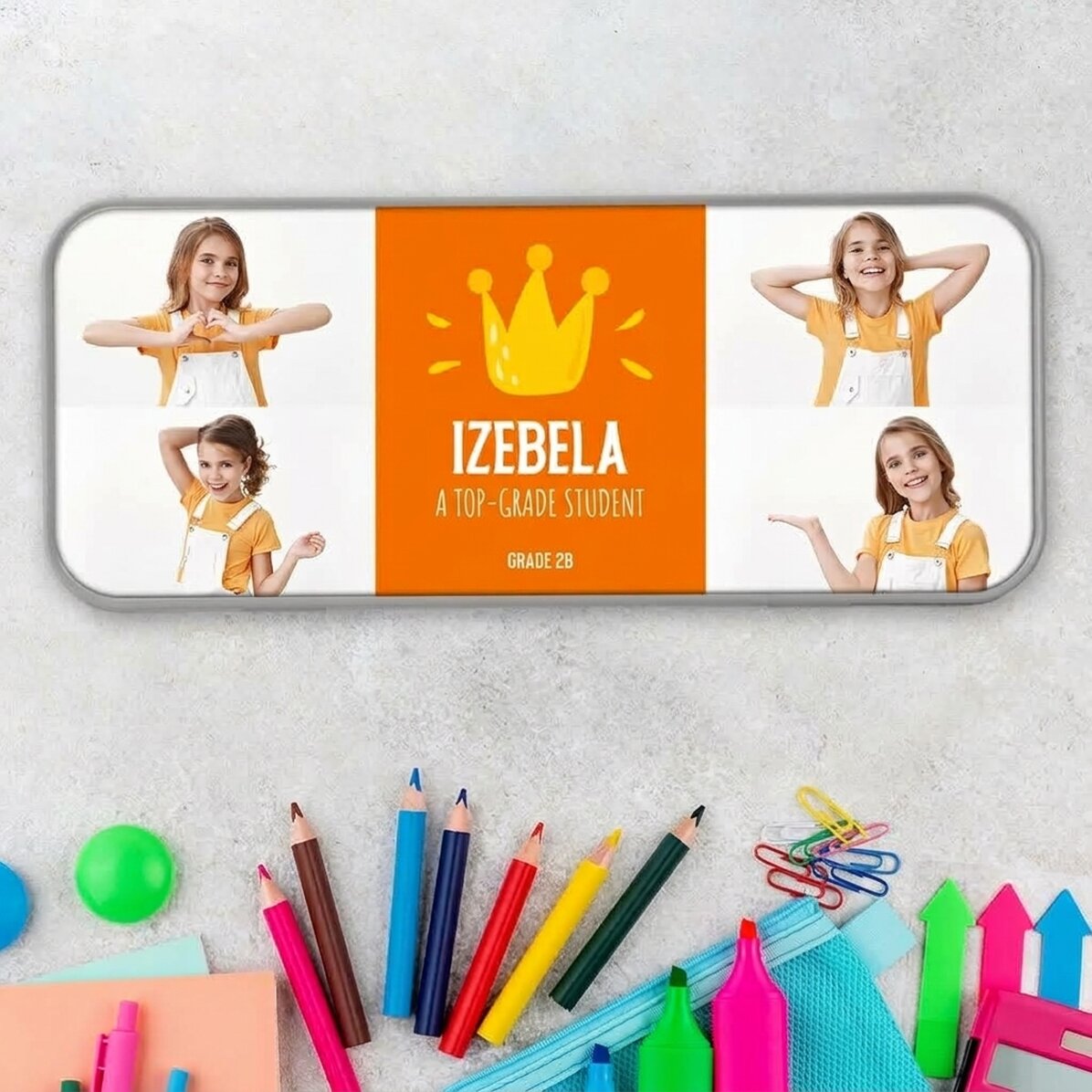 Gepersonaliseerd etui met 4 foto’s en tekst – De beste leerling