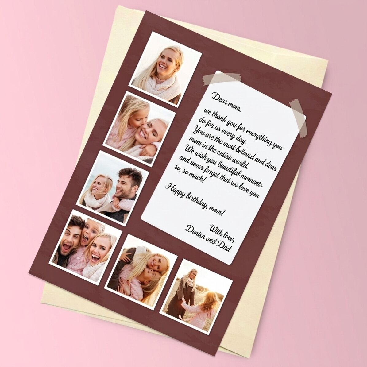 Gepersonaliseerde magnetische wenskaart met 6 foto’s en een lange boodschap