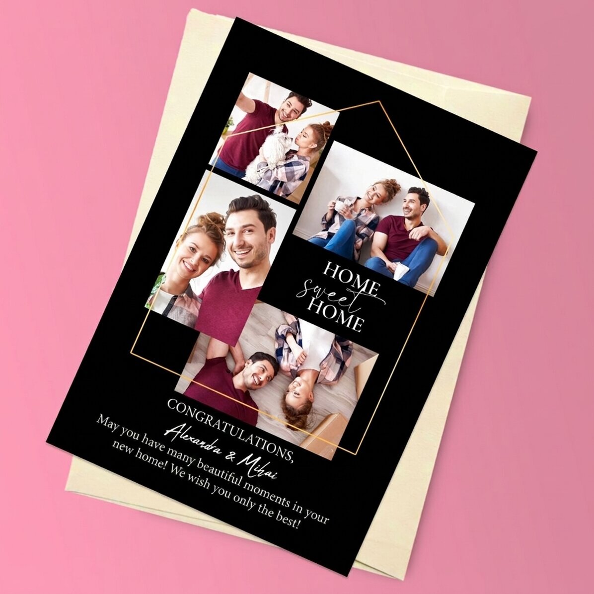 Gepersonaliseerde magnetische wenskaart met 4 foto’s en tekst voor een nieuw huis