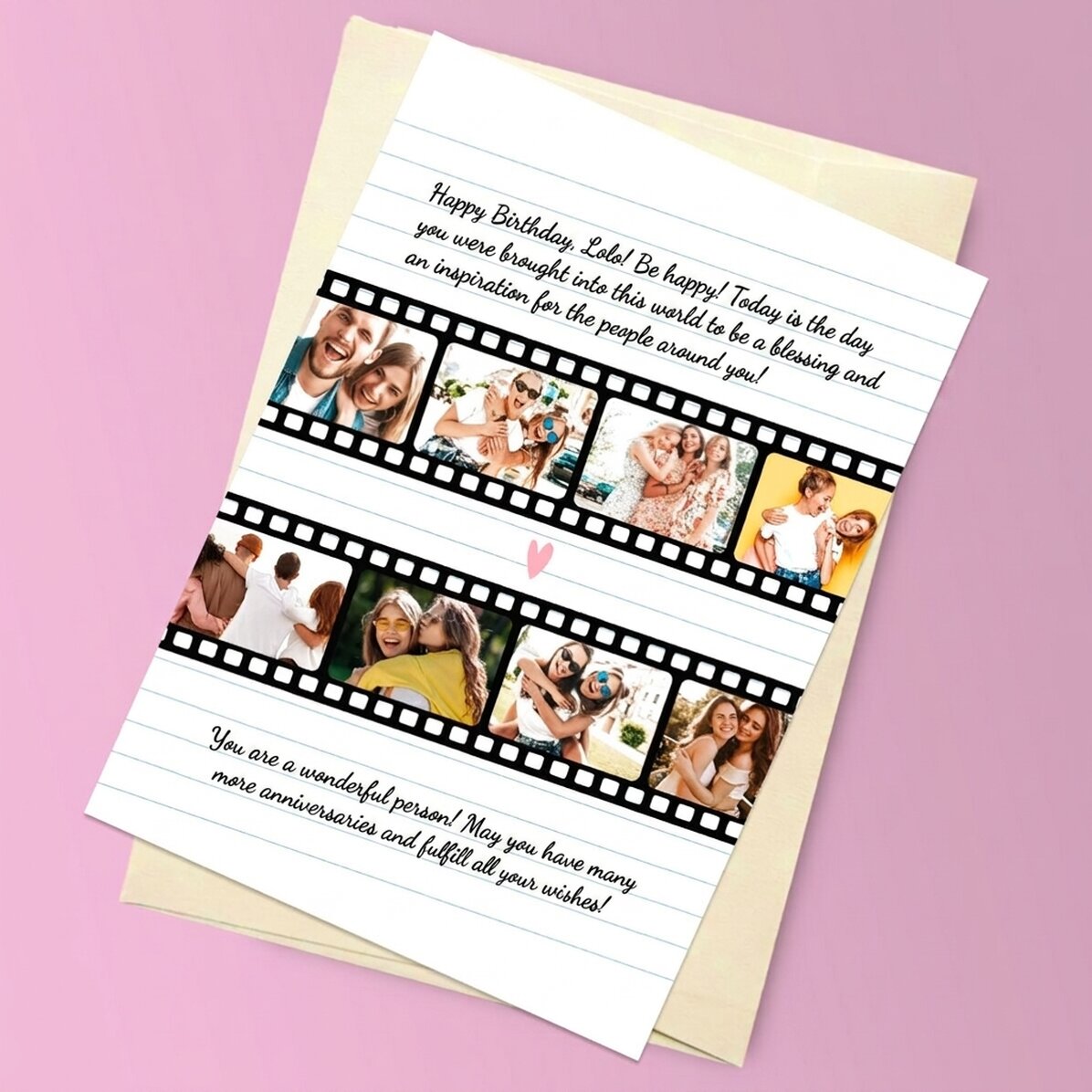 Gepersonaliseerde magnetische wenskaart met 8 foto’s en tekst - Foto’s op film