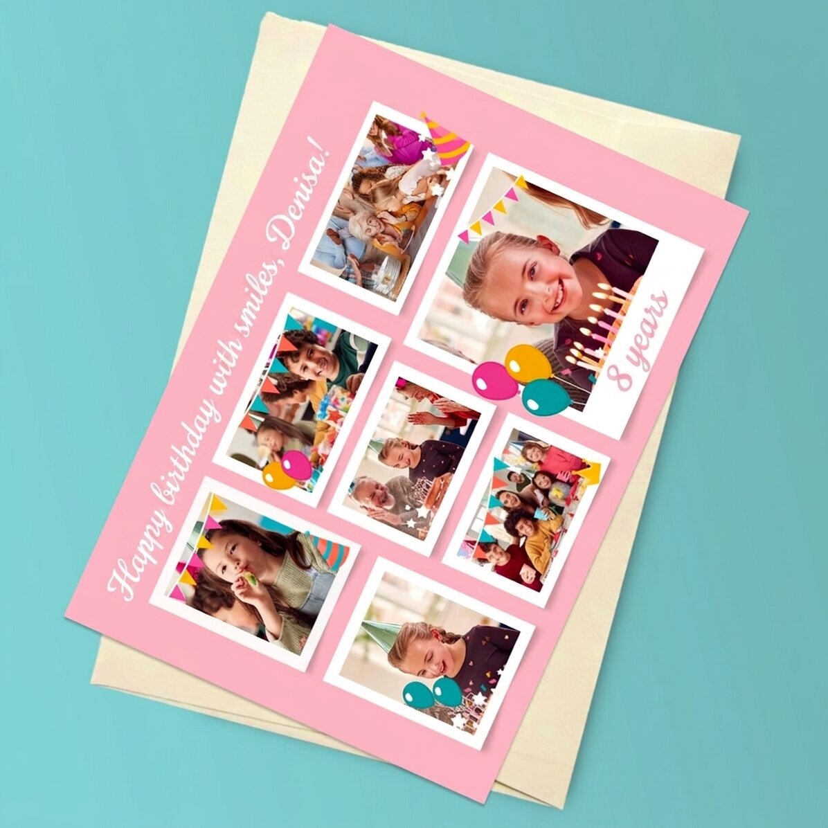 Gepersonaliseerde magnetische wenskaart met 7 foto’s en een boodschap voor kinderen