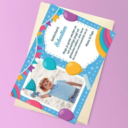 Gepersonaliseerde magnetische wenskaart met een foto en een boodschap voor kinderen