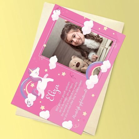 Gepersonaliseerde magnetische wenskaart met een foto en een boodschap voor kinderen - Eenhoorn
