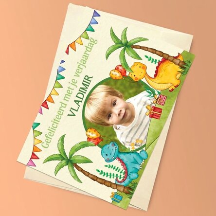 Gepersonaliseerde magnetische wenskaart met een foto en een boodschap voor kinderen - Dinosaurussen