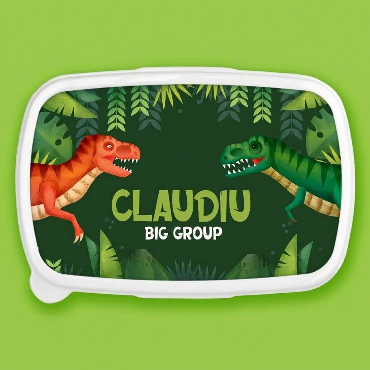 Lunchbox, gepersonaliseerde lunchtrommel met tekst - T-Rex-dinosaurus
