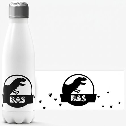 Gepersonaliseerde thermosfles met witte bodem en naam - Zwarte T-Rex-dinosaurus