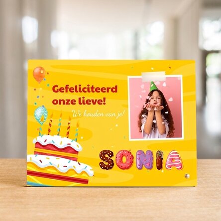 Gepersonaliseerde fotolijst voor op het bureau met een foto, tekst en een speciale naam - Verjaardag